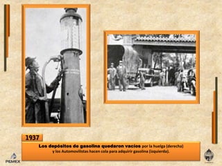 1937Los depósitos de gasolina quedaronvacíospor lahuelga (derecha) y losAutomovilistashacen cola para adquirir gasolina (izquierda).
