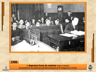 1938La Suprema Corte de Justicianiegael amparo promovido por las empresas petrolerasdespués de lahuelga de los 12 días.