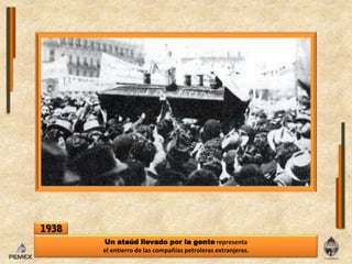 1938Unataúdllevado por la gente representa elentierrode lascompañíaspetrolerasextranjeras.