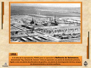 1953A 15 años de laexpropiación, PEMEX poneenoperaciónlaRefinería de Salamanca, denominada “Ing. Antonio M. Amores”. Entra enoperación una planta de destilación primaria, ligada a esta una planta desulfuradora de gasolina, una planta de desintegración térmica, tanque de almacenamiento y servicios auxiliares.