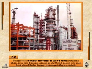 1958Inicia operacioneselComplejoProcesador de GasCd. Pemex enel Estado de Tabasco, con una planta de absorciónprocesandogas natural húmedoproducidoenlos campos de José Colomo, Chilapilla y Hormiguerocuyas reservas justificaronsuinstalación.