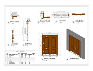 1850 STRUCTURAL OPENING
1820 DOOR FRAME SIZE
861 DOOR LEAF SIZE 880 DOOR LEAF SIZE
880 DOOR LEAF SIZE 861 DOOR LEAF SIZE
50
50
230
2485DOORFRAMESIZE
2500STRUCTURALOPENING
50
230
3517542
35
35
1097
23
50
50
50
163
2441DOORLEAFSIZE
1850
1820
150
750 750
150
2441
341
1208592
341
50
230
80
20
50 15
20
35
80
100
35
230
23
50
3D Elevation
4
1 : 25
Top View
1
1 : 25
Left View
2
1 : 25
Front Elevation
3
1 : 10
Head Detail
7 1 : 10
Frame Detail
6 1 : 10
Stile Detail
5
1 : 10
Mid Detail
8
BILL OF MATERIAL
Sr.
No. PART DISCRIPTION
QTY
2
Length
2500
Width
1850 Thickness
Check
List
1 Door Shutter 4 2441 880 50
2 Frame 2 6690 230 50
3 Architrave 4 6900 80 20
4 Hinges - - - -
5 Lock 4 - - -
6 Handle 4 - - -
7 Top Molding 8 3098 48 28
8 Bottom Molding 8 1866 48 28
 