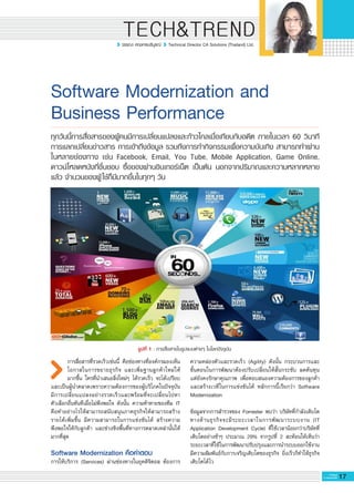 17G-MagZ
IT MAGAZINE
TECH&TREND
วรรณา ศฤงคารบริบูรณ์ Technical Director CA Solutions (Thailand) Ltd.
รูปที่ 1 : การสื่อสารในรูปแบบต่างๆ ในโลกปัจจุบัน
Software Modernization and
Business Performance
การสื่อสารที่รวดเร็วเช่นนี้ คือช่องทางที่องค์กรมองเห็น
โอกาสในการขยายธุรกิจ และเพิ่มฐานลูกค้าใหม่ให้

มากขึ้น ใครที่นำเสนอสิ่งใหม่ๆ ได้รวดเร็ว จะได้เปรียบ
และเป็นผู้นำตลาดเพราะความต้องการของผู้บริโภคในปัจจุบัน

มีการเปลี่ยนแปลงอย่างรวดเร็วและพร้อมที่จะเปลี่ยนไปหา

ตัวเลือกอื่นทันทีเมื่อไม่พึงพอใจ ดังนั้น ความท้าทายของทีม IT
คือทำอย่างไรให้สามารถสนับสนุนภาคธุรกิจให้สามารถสร้าง

รายได้เพิ่มขึ้น มีความสามารถในการแข่งขันได้ สร้างความ

พึงพอใจให้กับลูกค้า และช่วงชิงพื้นที่ทางการตลาดเหล่านั้นให้
มากที่สุด 
Software Modernization คือคำตอบ
การให้บริการ (Services) ผ่านช่องทางในยุคดิจิตอล ต้องการ
ทุกวันนี้การสื่อสารของผู้คนมีการเปลี่ยนแปลงและก้าวไกลเมื่อเทียบกับอดีต ภายในเวลา 60 วินาที
การแลกเปลี่ยนข่าวสาร การเข้าถึงข้อมูล รวมถึงการทำกิจกรรมเพื่อความบันเทิง สามารถทำผ่าน
ในหลายช่องทาง เช่น Facebook, Email, You Tube, Mobile Application, Game Online,

ดาวน์โหลดหนังที่ชื่นชอบ ซื้อของผ่านอินเทอร์เน็ต เป็นต้น นอกจากปริมาณและความหลากหลาย
แล้ว จำนวนของผู้ใช้ก็มีมากขึ้นในทุกๆ วัน 
ความคล่องตัวและรวดเร็ว (Agility) ดังนั้น กระบวนการและ

ขั้นตอนในการพัฒนาต้องปรับเปลี่ยนให้สั้นกระชับ ลดต้นทุน
แต่ยังคงรักษาคุณภาพ เพื่อตอบสนองความต้องการของลูกค้า
และสร้างเวทีในการแข่งขันได้ หลักการนี้เรียกว่า Software
Modernization 

ข้อมูลจากการสำรวจของ Forrester พบว่า บริษัทที่กำลังเติบโต
ทางด้านธุรกิจจะมีระยะเวลาในการพัฒนาระบบงาน (IT
Application Development Cycle) ที่ใช้เวลาน้อยกว่าบริษัทที่
เติบโตอย่างช้าๆ ประมาณ 29% จากรูปที่ 2 สะท้อนให้เห็นว่า
ระยะเวลาที่ใช้ในการพัฒนาปรับปรุงและการนำระบบออกใช้งาน

มีความสัมพันธ์กับการเจริญเติบโตของธุรกิจ ยิ่งเร็วก็ทำให้ธุรกิจ
เติบโตได้ไว

 