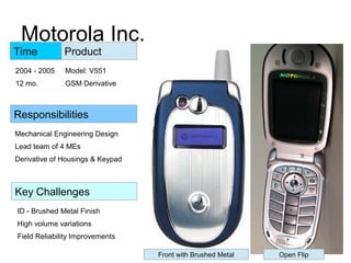 Motorola Inc.
Model: V551
GSM Derivative
Product
Key Challenges
Responsibilities
Mechanical Engineering Design
Lead team of 4 MEs
Derivative of Housings & Keypad
ID - Brushed Metal Finish
High volume variations
Field Reliability Improvements
Time
2004 - 2005
12 mo.
Front with Brushed Metal Open Flip
 