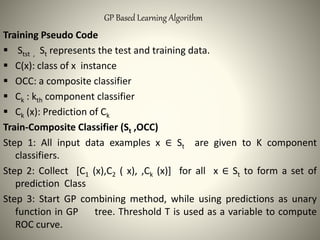 GP Based Learning Algorithm
Training Pseudo Code
 Stst , St represents the test and training data.
 C(x): class of x instance
 OCC: a composite classifier
 Ck : kth component classifier
 Ck (x): Prediction of Ck
Train-Composite Classifier (St ,OCC)
Step 1: All input data examples x ∈ St are given to K component
classifiers.
Step 2: Collect [C1 (x),C2 ( x), ,Ck (x)] for all x ∈ St to form a set of
prediction Class
Step 3: Start GP combining method, while using predictions as unary
function in GP tree. Threshold T is used as a variable to compute
ROC curve.
 