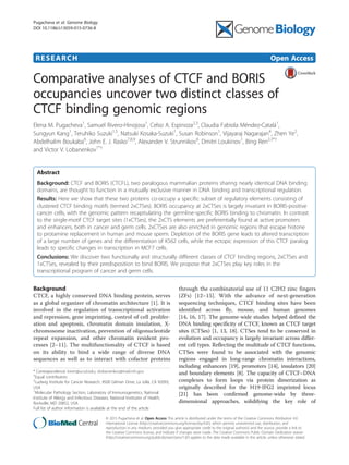 RESEARCH Open Access
Comparative analyses of CTCF and BORIS
occupancies uncover two distinct classes of
CTCF binding genomic regions
Elena M. Pugacheva1
, Samuel Rivero-Hinojosa1
, Celso A. Espinoza2,3
, Claudia Fabiola Méndez-Catalá1
,
Sungyun Kang1
, Teruhiko Suzuki1,5
, Natsuki Kosaka-Suzuki1
, Susan Robinson1
, Vijayaraj Nagarajan4
, Zhen Ye2
,
Abdelhalim Boukaba6
, John E. J. Rasko7,8,9
, Alexander V. Strunnikov6
, Dmitri Loukinov1
, Bing Ren2,3*†
and Victor V. Lobanenkov1*†
Abstract
Background: CTCF and BORIS (CTCFL), two paralogous mammalian proteins sharing nearly identical DNA binding
domains, are thought to function in a mutually exclusive manner in DNA binding and transcriptional regulation.
Results: Here we show that these two proteins co-occupy a specific subset of regulatory elements consisting of
clustered CTCF binding motifs (termed 2xCTSes). BORIS occupancy at 2xCTSes is largely invariant in BORIS-positive
cancer cells, with the genomic pattern recapitulating the germline-specific BORIS binding to chromatin. In contrast
to the single-motif CTCF target sites (1xCTSes), the 2xCTS elements are preferentially found at active promoters
and enhancers, both in cancer and germ cells. 2xCTSes are also enriched in genomic regions that escape histone
to protamine replacement in human and mouse sperm. Depletion of the BORIS gene leads to altered transcription
of a large number of genes and the differentiation of K562 cells, while the ectopic expression of this CTCF paralog
leads to specific changes in transcription in MCF7 cells.
Conclusions: We discover two functionally and structurally different classes of CTCF binding regions, 2xCTSes and
1xCTSes, revealed by their predisposition to bind BORIS. We propose that 2xCTSes play key roles in the
transcriptional program of cancer and germ cells.
Background
CTCF, a highly conserved DNA binding protein, serves
as a global organizer of chromatin architecture [1]. It is
involved in the regulation of transcriptional activation
and repression, gene imprinting, control of cell prolifer-
ation and apoptosis, chromatin domain insulation, X-
chromosome inactivation, prevention of oligonucleotide
repeat expansion, and other chromatin resident pro-
cesses [2–11]. The multifunctionality of CTCF is based
on its ability to bind a wide range of diverse DNA
sequences as well as to interact with cofactor proteins
through the combinatorial use of 11 C2H2 zinc fingers
(ZFs) [12–15]. With the advance of next-generation
sequencing techniques, CTCF binding sites have been
identified across fly, mouse, and human genomes
[14, 16, 17]. The genome-wide studies helped defined the
DNA binding specificity of CTCF, known as CTCF target
sites (CTSes) [1, 13, 18]. CTSes tend to be conserved in
evolution and occupancy is largely invariant across differ-
ent cell types. Reflecting the multitude of CTCF functions,
CTSes were found to be associated with the genomic
regions engaged in long-range chromatin interactions,
including enhancers [19], promoters [14], insulators [20]
and boundary elements [8]. The capacity of CTCF–DNA
complexes to form loops via protein dimerization as
originally described for the H19-IFG2 imprinted locus
[21] has been confirmed genome-wide by three-
dimensional approaches, solidifying the key role of
* Correspondence: biren@ucsd.edu; vlobanenkov@mail.nih.gov
†
Equal contributors
2
Ludwig Institute for Cancer Research, 9500 Gilman Drive, La Jolla, CA 92093,
USA
1
Molecular Pathology Section, Laboratory of Immunogenetics, National
Institute of Allergy and Infectious Diseases, National Institutes of Health,
Rockville, MD 20852, USA
Full list of author information is available at the end of the article
© 2015 Pugacheva et al. Open Access This article is distributed under the terms of the Creative Commons Attribution 4.0
International License (http://creativecommons.org/licenses/by/4.0/), which permits unrestricted use, distribution, and
reproduction in any medium, provided you give appropriate credit to the original author(s) and the source, provide a link to
the Creative Commons license, and indicate if changes were made. The Creative Commons Public Domain Dedication waiver
(http://creativecommons.org/publicdomain/zero/1.0/) applies to the data made available in this article, unless otherwise stated.
Pugacheva et al. Genome Biology (2015)16:161
DOI 10.1186/s13059-015-0736-8
 