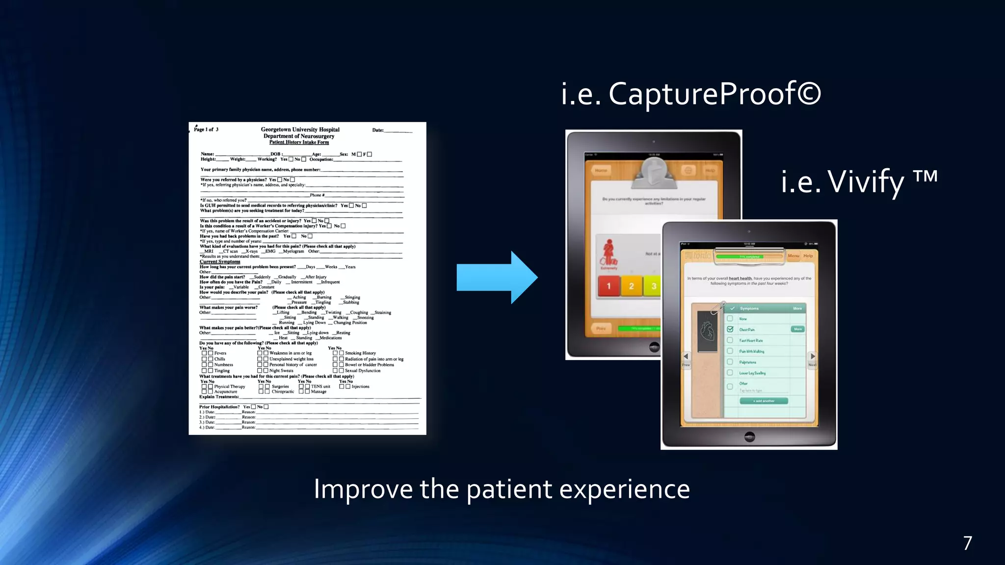 Improve the patient experience
i.e. CaptureProof©
i.e.Vivify ™
7
 
