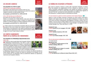 ESCAPADES LITTÉRAIRES Scandinavie
18
ESCAPADES LITTÉRAIRES Scandinavie
19
LES ATELIERS JEUNESSE
Une proposition de La Forêt en papier
9h30 et 14h Un printemps scandinave
Des ateliers et des lectures pour les enfants à partir de 5 ans.
Découvrons comment les auteurs scandinaves nous parlent de la nature et
imaginons ensemble une petite parcelle de forêt.
Sur inscription au 06 32 50 91 76 / 04 96 12 43 40
11h et 16h Qui êtes-vous, les Moomins ?
Des ateliers pour les enfants à partir de 7 ans.
Partons à la rencontre de la famille Moomin, toute juste sortie de sa
torpeur hivernale et explorons sa vallée. La création d’un diaporama nous
éveillera à la pureté de la ligne et la finesse du graphisme de Tove Janssen.
Sur inscription au 06 32 50 91 76 / 04 96 12 43 40
La Forêt en papier est une association marseillaise créée pour promouvoir
le plaisir du livre et de la lecture chez l’enfant et l’adulte. Elle organise
des formations, des événements et des ateliers pluridisciplinaires autour
du livre. Découvrir, expérimenter et créer sont autant d’occasions d’affiner
le regard et de nourrir l’esprit critique du lecteur.
LES CONTES SCANDINAVES
PARVIS DE LA CHAPELLE DE L’OBSERVANCE
Une proposition de la Médiathèque Départementale du Var
10h et 15h
Al’occasion de cette nouvelle édition des Escapades Littéraires,
la Médiathèque Départementale du Var offre au public un
spectacle familial sur le parvis de la Chapelle : la rencontre entre
une conteuse, Elisabeth Calandry, et un musicien, Michel Mandel,
autour d’un répertoire de contes populaires norvégiens et danois
dont les célèbres contes d’Andersen. Petits et grands pourront profiter d’histoires et de sons
variés pour plonger dans la mythologie ou dans le merveilleux scandinave.
La Médiathèque Départementale du Var, service de la Direction des Affaires Culturelles du
Conseil Général, organise et soutient les actions de promotion et de médiation du livre
et de la lecture par une participation active aux événements littéraires du département,
notamment aux Escapades Littéraires.
LE CINÉMA DES ESCAPADES LITTÉRAIRES
En amont et pendant le festival, le cinéma CGR, l’association Entretoiles et Libraires
du Sud proposent une programmation de films à découvrir ou redécouvrir, pour les
petits et les grands. L’association Entretoiles a pour objectifs de contribuer à l’animation
cinématographique de la ville au cinéma CGR et propose une programmation régulière de
films dits “ciné-club”, permettant des tarifs préférentiels à ses adhérents.
Plus d’informations sur : entretoiles.e-monsite.com et www.facebook.com/entretoiles
Un cycle consacré au géant du cinéma scandinave, Ernst Ingmar Bergman.
Metteur en scène de théâtre, scénariste et réalisateur de cinéma suédois (1918-2007),
Bergman s’est imposé comme l’un des plus grands réalisateurs de l’histoire du cinéma
d’une œuvre aux thèmes métaphysiques, psychologiques et familiaux. Il obtient l’Ours d’or
à Berlin, un Lion d’or pour sa carrière à Venise, le Prix du Jury et le Prix de la mise en scène
à Cannes, et trois fois l’Oscar du meilleur film en langue étrangère. Il est également l’unique
cinéaste distingué d’une “Palme des Palmes”, en 1997.
Vendredi 27 mars
à 20h30 Scènes de la vie conjugale, 1973, 2h48
Vendredi 3 avril
à 20h30 Sonates d’automne, 1978, 1h35
Vendredi 10 avril
à 20h30 Les Fraises sauvages, 1957, 1h35
Pour les plus jeunes Les Moomins au cinéma
(voir exposition page 22)
Mercredi 1er avril
à 14h Moomin et la folle aventure de l’été
de Maria Lindberg, 2008, 1h14.
Mercredi 8 avril
à 14h Les Moomins et la chasse à la comète
de Maria Lindberg, 2011, 1h17.
Mercredi 15 avril
à 14h Les Moomins sur la Riviera de Xavier Picard, 2014, 1h17.
CONTES
SAM. 18 AVRIL
PARVIS CHAPELLE
CINÉMA
MARS-AVRIL
CGR CHABRAN
ATELIERS
SAM. 18
& DIM. 19 AVRIL
CHAPELLE
 