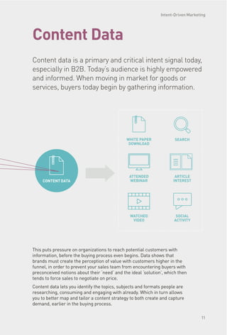 WHITE PAPER
DOWNLOAD
ATTENDED
WEBINAR
ARTICLE
INTEREST
SEARCH
WATCHED
VIDEO
SOCIAL
ACTIVITY
This puts pressure on organizations to reach potential customers with
information, before the buying process even begins. Data shows that
brands must create the perception of value with customers higher in the
funnel, in order to prevent your sales team from encountering buyers with
preconceived notions about their ‘need’ and the ideal ‘solution’, which then
tends to force sales to negotiate on price.
Content data lets you identify the topics, subjects and formats people are
researching, consuming and engaging with already. Which in turn allows
you to better map and tailor a content strategy to both create and capture
demand, earlier in the buying process.
Content Data
Content data is a primary and critical intent signal today,
especially in B2B. Today’s audience is highly empowered
and informed. When moving in market for goods or
services, buyers today begin by gathering information.
CONTENT DATA
Intent-Driven Marketing
11
 