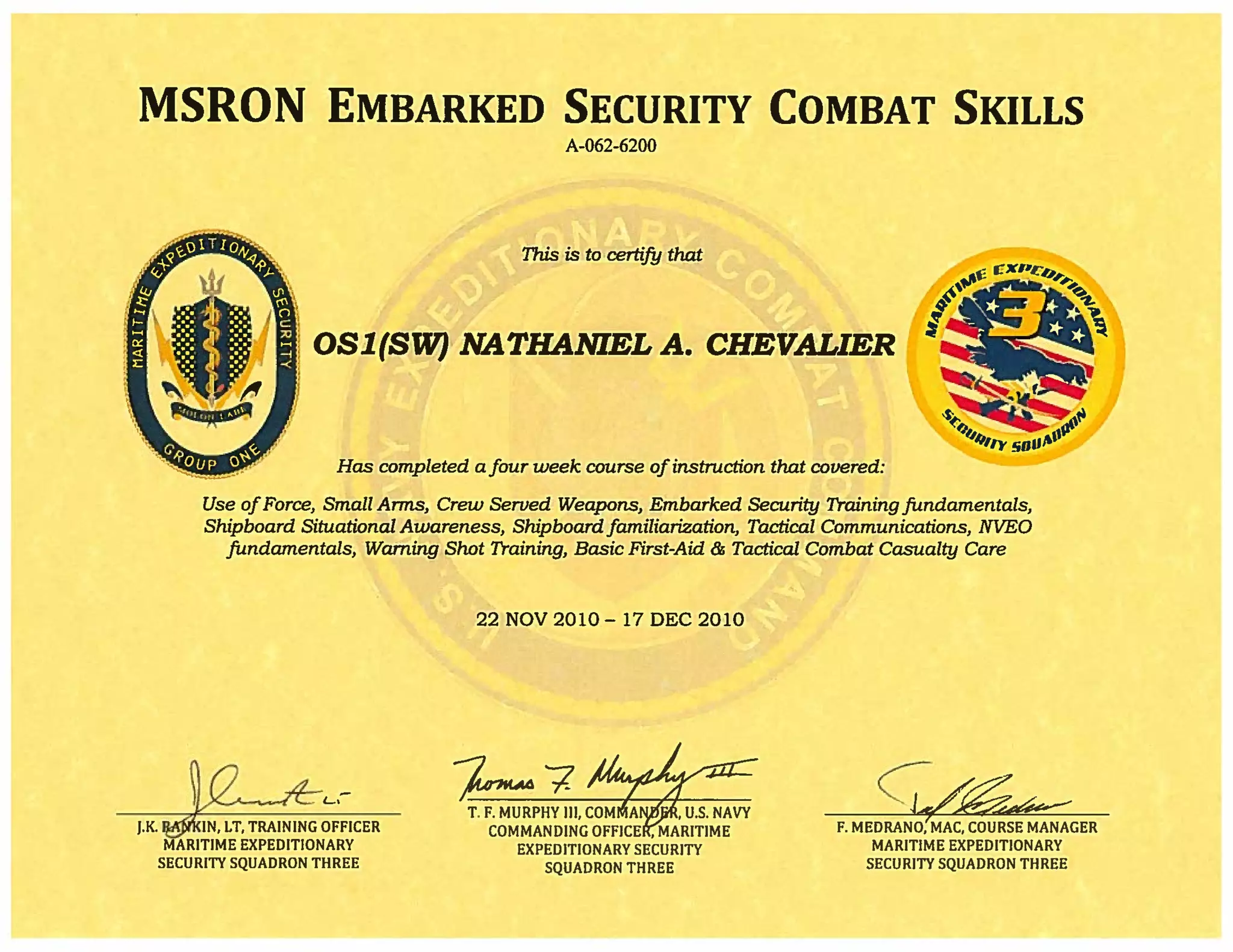 EMBARKED SECURITY COMBAT SKILLS CERTIFICATE OF COMPLETION PPT