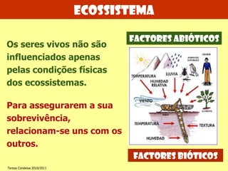 ecossistema Os seres vivos não são influenciados apenas pelas condições físicas dos ecossistemas.  Para assegurarem a sua sobrevivência, relacionam-se uns com os outros. FACTORES ABIÓTICOS FACTORES BIÓTICOS Teresa Condeixa 2010/2011 