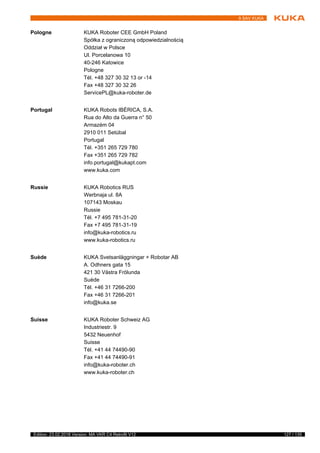 127 / 135Edition: 23.02.2018 Version: MA VKR C4 Retrofit V12
9 SAV KUKA
Pologne KUKA Roboter CEE GmbH Poland
Spółka z ograniczoną odpowiedzialnością
Oddział w Polsce
Ul. Porcelanowa 10
40-246 Katowice
Pologne
Tél. +48 327 30 32 13 or -14
Fax +48 327 30 32 26
ServicePL@kuka-roboter.de
Portugal KUKA Robots IBÉRICA, S.A.
Rua do Alto da Guerra n° 50
Armazém 04
2910 011 Setúbal
Portugal
Tél. +351 265 729 780
Fax +351 265 729 782
info.portugal@kukapt.com
www.kuka.com
Russie KUKA Robotics RUS
Werbnaja ul. 8A
107143 Moskau
Russie
Tél. +7 495 781-31-20
Fax +7 495 781-31-19
info@kuka-robotics.ru
www.kuka-robotics.ru
Suède KUKA Svetsanläggningar + Robotar AB
A. Odhners gata 15
421 30 Västra Frölunda
Suède
Tél. +46 31 7266-200
Fax +46 31 7266-201
info@kuka.se
Suisse KUKA Roboter Schweiz AG
Industriestr. 9
5432 Neuenhof
Suisse
Tél. +41 44 74490-90
Fax +41 44 74490-91
info@kuka-roboter.ch
www.kuka-roboter.ch
 