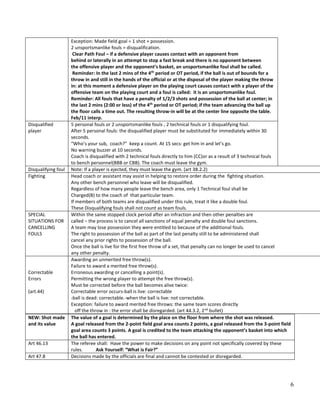 6
NEW: Shot made
and its value
The value of a goal is determined by the place on the floor from where the shot was released.
A goal released from the 2-point field goal area counts 2 points, a goal released from the 3-point field
goal area counts 3 points. A goal is credited to the team attacking the opponent’s basket into which
the ball has entered.
Art 46.13 The referee shall: Have the power to make decisions on any point not specifically covered by these
rules. Ask Yourself: “What is Fair?”
Art 47.8 Decisions made by the officials are final and cannot be contested or disregarded.
Exception: Made field goal = 1 shot + possession.
2 unsportsmanlike fouls = disqualification.
Clear Path Foul – if a defensive player causes contact with an opponent from
behind or laterally in an attempt to stop a fast break and there is no opponent between
the offensive player and the opponent’s basket, an unsportsmanlike foul shall be called.
Reminder: In the last 2 mins of the 4th
period or OT period, if the ball is out of bounds for a
throw in and still in the hands of the official or at the disposal of the player making the throw
in: at this moment a defensive player on the playing court causes contact with a player of the
offensive team on the playing court and a foul is called: it is an unsportsmanlike foul.
Reminder: All fouls that have a penalty of 1/2/3 shots and possession of the ball at center; in
the last 2 mins (2:00 or less) of the 4th
period or OT period; if the team advancing the ball up
the floor calls a time out. The resulting throw-in will be at the center line opposite the table.
Feb/11 interp.
Disqualified
player
5 personal fouls or 2 unsportsmanlike fouls , 2 technical fouls or 1 disqualifying foul.
After 5 personal fouls: the disqualified player must be substituted for immediately within 30
seconds.
“Who’s your sub, coach?” keep a count. At 15 secs: get him in and let’s go.
No warning buzzer at 10 seconds.
Coach is disqualified with 2 technical fouls directly to him (CC)or as a result of 3 technical fouls
to bench personnel(BBB or CBB). The coach must leave the gym.
Disqualifying foul Note: If a player is ejected, they must leave the gym. (art 38.2.2)
Fighting Head coach or assistant may assist in helping to restore order during the fighting situation.
Any other bench personnel who leave will be disqualified.
Regardless of how many people leave the bench area, only 1 Technical foul shall be
Charged(B) to the coach of that particular team.
If members of both teams are disqualified under this rule, treat it like a double foul.
These Disqualifying fouls shall not count as team fouls.
SPECIAL
SITUATIONS FOR
CANCELLING
FOULS
Within the same stopped clock period after an infraction and then other penalties are
called – the process is to cancel all sanctions of equal penalty and double foul sanctions.
A team may lose possession they were entitled to because of the additional fouls.
The right to possession of the ball as part of the last penalty still to be administered shall
cancel any prior rights to possession of the ball.
Once the ball is live for the first free throw of a set, that penalty can no longer be used to cancel
any other penalty.
Correctable
Errors
(art.44)
Awarding an unmerited free throw(s).
Failure to award a merited free throw(s).
Erroneous awarding or cancelling a point(s).
Permitting the wrong player to attempt the free throw(s).
Must be corrected before the ball becomes alive twice:
Correctable error occurs-ball is live: correctable
-ball is dead: correctable.-when the ball is live: not correctable.
Exception: failure to award merited free throws: the same team scores directly
off the throw in : the error shall be disregarded. (art 44.3.2, 2nd
bullet)
 