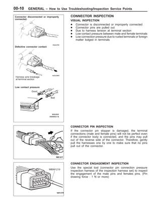 GENERAL – How to Use Troubleshooting/Inspection Service Points00-10
CONNECTOR INSPECTION
VISUAL INSPECTION
D Connector is disconnected or improperly connected
D Connector pins are pulled out
D Due to harness tension at terminal section
D Low contact pressure between male and female terminals
D Low connection pressure due to rusted terminals or foreign
matter lodged in terminals
CONNECTOR PIN INSPECTION
If the connector pin stopper is damaged, the terminal
connections (male and female pins) will not be perfect even
if the connector body is connected, and the pins may pull
out of the reverse side of the connector. Therefore, gently
pull the harnesses one by one to make sure that no pins
pull out of the connector.
CONNECTOR ENGAGEMENT INSPECTION
Use the special tool (connector pin connection pressure
inspection harness of the inspection harness set) to inspect
the engagement of the male pins and females pins. (Pin
drawing force : 1 N or more)
Connector disconnected or improperly
connected
Defective connector contact
Harness wire breakage
at terminal section
Low contact pressure
Good
Bad
MB991219
 