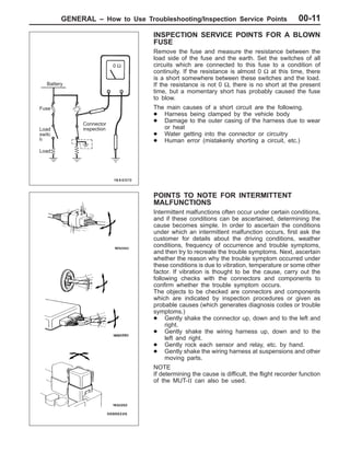 GENERAL – How to Use Troubleshooting/Inspection Service Points 00-11
INSPECTION SERVICE POINTS FOR A BLOWN
FUSE
Remove the fuse and measure the resistance between the
load side of the fuse and the earth. Set the switches of all
circuits which are connected to this fuse to a condition of
continuity. If the resistance is almost 0 Ω at this time, there
is a short somewhere between these switches and the load.
If the resistance is not 0 Ω, there is no short at the present
time, but a momentary short has probably caused the fuse
to blow.
The main causes of a short circuit are the following.
D Harness being clamped by the vehicle body
D Damage to the outer casing of the harness due to wear
or heat
D Water getting into the connector or circuitry
D Human error (mistakenly shorting a circuit, etc.)
POINTS TO NOTE FOR INTERMITTENT
MALFUNCTIONS
Intermittent malfunctions often occur under certain conditions,
and if these conditions can be ascertained, determining the
cause becomes simple. In order to ascertain the conditions
under which an intermittent malfunction occurs, first ask the
customer for details about the driving conditions, weather
conditions, frequency of occurrence and trouble symptoms,
and then try to recreate the trouble symptoms. Next, ascertain
whether the reason why the trouble symptom occurred under
these conditions is due to vibration, temperature or some other
factor. If vibration is thought to be the cause, carry out the
following checks with the connectors and components to
confirm whether the trouble symptom occurs.
The objects to be checked are connectors and components
which are indicated by inspection procedures or given as
probable causes (which generates diagnosis codes or trouble
symptoms.)
D Gently shake the connector up, down and to the left and
right.
D Gently shake the wiring harness up, down and to the
left and right.
D Gently rock each sensor and relay, etc. by hand.
D Gently shake the wiring harness at suspensions and other
moving parts.
NOTE
If determining the cause is difficult, the flight recorder function
of the MUT-II can also be used.
Battery
Fuse
Load
switc
h
Load
Connector
inspection
0 Ω
 