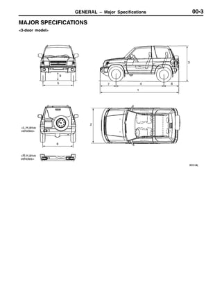 GENERAL – Major Specifications 00-3
MAJOR SPECIFICATIONS
<3-door model>
2
5 7
9
4
1
8
6
3
<R.H.drive
vehicles>
<L.H.drive
vehicles>
 
