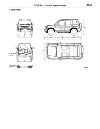 GENERAL – Major Specifications 00-5
<5-door model>
2
5 7
9
4
1
8
6
3
<R.H.drive
vehicles>
<L.H.drive
vehicles>
 