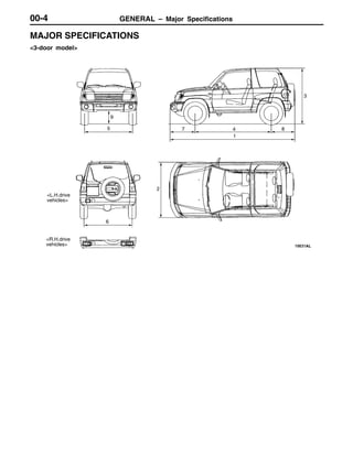 GENERAL – Major Specifications00-4
MAJOR SPECIFICATIONS
<3-door model>
2
5 7
9
4
1
8
6
3
<R.H.drive
vehicles>
<L.H.drive
vehicles>
 