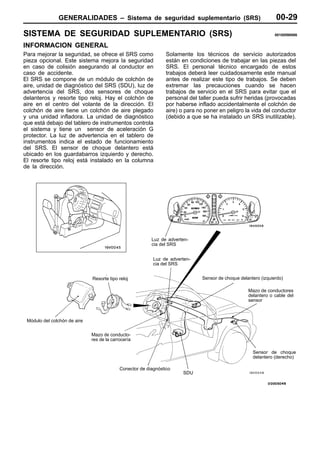 GENERALIDADES – Sistema de seguridad suplementario (SRS)                                           00-29
SISTEMA DE SEGURIDAD SUPLEMENTARIO (SRS)                                                                          00100590066


INFORMACION GENERAL
Para mejorar la seguridad, se ofrece el SRS como                 Solamente los técnicos de servicio autorizados
pieza opcional. Este sistema mejora la seguridad                 están en condiciones de trabajar en las piezas del
en caso de colisión asegurando al conductor en                   SRS. El personal técnico encargado de estos
caso de accidente.                                               trabajos deberá leer cuidadosamente este manual
El SRS se compone de un módulo de colchón de                     antes de realizar este tipo de trabajos. Se deben
aire, unidad de diagnóstico del SRS (SDU), luz de                extremar las precauciones cuando se hacen
advertencia del SRS, dos sensores de choque                      trabajos de servicio en el SRS para evitar que el
delanteros y resorte tipo reloj. Hay el colchón de               personal del taller pueda sufrir heridas (provocadas
aire en el centro del volante de la dirección. El                por haberse inflado accidentalmente el colchón de
colchón de aire tiene un colchón de aire plegado                 aire) o para no poner en peligro la vida del conductor
y una unidad infladora. La unidad de diagnóstico                 (debido a que se ha instalado un SRS inutilizable).
que está debajo del tablero de instrumentos controla
el sistema y tiene un sensor de aceleración G
protector. La luz de advertencia en el tablero de
instrumentos indica el estado de funcionamiento
del SRS. El sensor de choque delantero está
ubicado en los guardabarros izquierdo y derecho.
El resorte tipo reloj está instalado en la columna
de la dirección.




                                                          Luz de adverten-
                                                          cia del SRS


                                                           Luz de adverten-
                                                           cia del SRS


                              Resorte tipo reloj                                Sensor de choque delantero (izquierdo)

                                                                                                     Mazo de conductores
                                                                                                     delantero o cable del
                                                                                                     sensor



 Módulo del colchón de aire

                              Mazo de conducto-
                              res de la carrocería

                                                                                                       Sensor de choque
                                                                                                       delantero (derecho)

                                            Conector de diagnóstico
                                                                        SDU
 