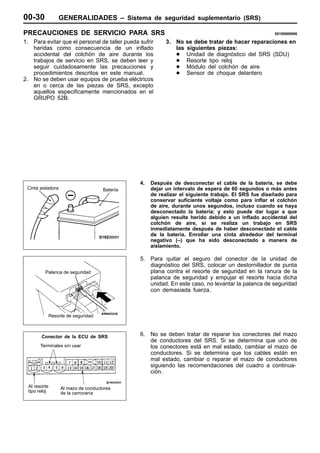 00-30          GENERALIDADES – Sistema de seguridad suplementario (SRS)

PRECAUCIONES DE SERVICIO PARA SRS                                                                    00100600066

1. Para evitar que el personal de taller pueda sufrir     3. No se debe tratar de hacer reparaciones en
   heridas como consecuencia de un inflado                   las siguientes piezas:
   accidental del colchón de aire durante los                D Unidad de diagnóstico del SRS (SDU)
   trabajos de servicio en SRS, se deben leer y              D Resorte tipo reloj
   seguir cuidadosamente las precauciones y                  D Módulo del colchón de aire
   procedimientos descritos en este manual.                  D Sensor de choque delantero
2. No se deben usar equipos de prueba eléctricos
   en o cerca de las piezas de SRS, excepto
   aquellos especificamente mencionados en el
   GRUPO 52B.




                                               4.   Después de desconectar el cable de la batería, se debe
 Cinta aisladora                     Batería        dejar un intervalo de espera de 60 segundos o más antes
                                                    de realizar el siguiente trabajo. El SRS fue diseñado para
                                                    conservar suficiente voltaje como para inflar el colchón
                                                    de aire, durante unos segundos, incluso cuando se haya
                                                    desconectado la batería; y esto puede dar lugar a que
                                                    alguien resulte herido debido a un inflado accidental del
                                                    colchón de aire, si se realiza un trabajo en SRS
                                                    inmediatamente después de haber desconectado el cable
                                                    de la batería. Enrollar una cinta alrededor del terminal
                                                    negativo (–) que ha sido desconectado a manera de
                                                    aislamiento.

                                               5. Para quitar el seguro del conector de la unidad de
                                                  diagnóstico del SRS, colocar un destornillador de punta
          Palanca de seguridad                    plana contra el resorte de seguridad en la ranura de la
                                                  palanca de seguridad y empujar el resorte hacia dicha
                                                  unidad. En este caso, no levantar la palanca de seguridad
                                                  con demasiada fuerza.



           Resorte de seguridad



        Conector de la ECU de SRS              6. No se deben tratar de reparar los conectores del mazo
                                                  de conductores del SRS. Si se determina que uno de
       Terminales sín usar                        los conectores está en mal estado, cambiar el mazo de
                                                  conductores. Si se determina que los cables están en
                                                  mal estado, cambiar o reparar el mazo de conductores
                                                  siguiendo las recomendaciones del cuadro a continua-
                                                  ción.

  Al resorte       Al mazo de conductores
  tipo reloj       de la carrocería
 