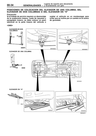 Lugares de soporte para elevamiento
00-34               GENERALIDADES –          y levantamiento con gato

POSICIONES DE COLOCACION DEL ELEVADOR DE UNA COLUMNA, DEL
ELEVADOR DE DOS COLUMNAS O DEL ELEVADOR EN “H”
Precaución
Si el trabajo de servicio requiere un desmontaje   sujetar el vehículo en un montacargas para
de la suspensión trasera, rueda de repuesto y      evitar que se incline por un cambio en el centro
paragolpes trasero, se debe colocar un peso        de gravedad.
adicional en la parte trasera del vehículo o

<2WD>

  ELEVADOR DE DOS
  COLUMNAS




  ELEVADOR DE UNA COLUMNA




  ELEVADOR EN “H”
 