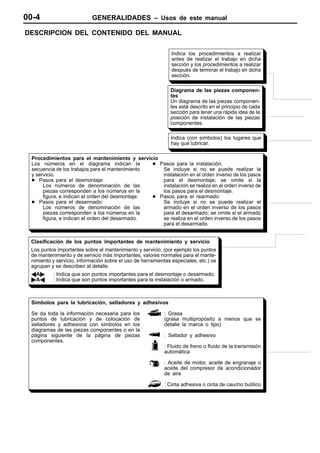 00-4                        GENERALIDADES – Usos de este manual

DESCRIPCION DEL CONTENIDO DEL MANUAL

                                                               Indica los procedimientos a realizar
                                                               antes de realizar el trabajo en dicha
                                                               sección y los procedimientos a realizar
                                                               después de terminar el trabajo en dicha
                                                               sección.

                                                              Diagrama de las piezas componen-
                                                              tes
                                                              Un diagrama de las piezas componen-
                                                              tes está descrito en el principio de cada
                                                              sección para tener una rápida idea de la
                                                              posición de instalación de las piezas
                                                              componentes.

                                                              Indica (con símbolos) los lugares que
                                                              hay que lubricar.

 Procedimientos para el mantenimiento y servicio
 Los números en el diagrama indican la           D Pasos para la instalación:
 secuencia de los trabajos para el mantenimiento    Se incluye si no se puede realizar la
 y servicio.                                        instalación en el orden inverso de los pasos
 D Pasos para el desmontaje:                        para el desmontaje; se omite si la
      Los números de denominación de las            instalación se realiza en el orden inverso de
      piezas corresponden a los números en la       los pasos para el desmontaje.
      figura, e indican el orden del desmontaje. D Pasos para el rearmado:
 D Pasos para el desarmado:                         Se incluye si no se puede realizar el
      Los números de denominación de las            armado en el orden inverso de los pasos
      piezas corresponden a los números en la       para el desarmado; se omite si el armado
      figura, e indican el orden del desarmado.     se realiza en el orden inverso de los pasos
                                                    para el desarmado.


 Clasificación de los puntos importantes de mantenimiento y servicio
 Los puntos importantes sobre el mantenimiento y servicio, (por ejemplo los puntos
 de mantenimiento y de servicio más importantes, valores normales para el mante-
 nimiento y servicio, información sobre el uso de herramientas especiales, etc.) se
 agrupan y se describen al detalle.
 AA"      : Indica que son puntos importantes para el desmontaje o desarmado.
 "AA      : Indica que son puntos importantes para la instalación o armado.



 Símbolos para la lubricación, selladores y adhesivos

 Se da toda la información necesaria para los              : Grasa
 puntos de lubricación y de colocación de                  (grasa multipropósito a menos que se
 selladores y adhesivos con símbolos en los                detalle la marca o tipo)
 diagramas de las piezas componentes o en la
 página siguiente de la página de piezas                   : Sellador y adhesivo
 componentes.
                                                           : Fluido de freno o fluido de la transmisión
                                                           automática

                                                           : Aceite de motor, aceite de engranaje o
                                                           aceite del compresor de acondicionador
                                                           de aire

                                                           : Cinta adhesiva o cinta de caucho butílico
 