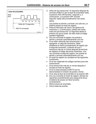 CARROCERÍA - Sistema de acceso sin llave                                 42-7

                                              3. Antes de que transcurran 10 segundos después de
Llave de encendido
                                                 conectar el MUT-II, gire la llave de encendido hasta
ACC                                              la posición ACC ON durante 1 segundo y, a
OFF                                              continuación, a la posición OFF durante
                                                 segundo; repita este procedimiento tres veces.
                                                 NOTA
            Antes de 10 segundos                 Las puertas se abrirán y cerrarán una sola vez, y e
                                                 sistema pasará al modo de registro.
         MUT-II conectado
                                              4. Pulse el interruptor de cierre o de apertura de
                                                 transmisor y, a continuación, púlselo dos veces
                                   A18I0210      antes de que transcurran 10 segundos desde la
                                                 primera vez que lo pulsó. De este modo el código
                                                 quedará registrado.
                                              5. Una vez concluido el registro, las puertas s
                                                 abrirán y cerrarán automáticamente una vez.
                                              6. Si se están utilizando dos transmisores o va
                                                 agregarse un segundo transmisor, deber
                                                 emplearse el mismo procedimiento de registro par
                                                 el segundo transmisor, cuidando de que n
                                                 transcurra más de un minuto después de terminar
                                                 de registrar el código del primer transmisor. Una
                                                 vez concluido el segundo registro, las puertas se
                                                 abrirán y cerrarán automáticamente una vez.
                                              7. El modo de registro se cancelará en las siguientes
                                                 condiciones.
                                              • Si se han registrado los códigos secretos para dos
                                                 transmisores;
                                              • Si ha transcurrido más de un minuto después d
                                                 iniciado el modo de registro;
                                              • Si se ha desconectado el MUT-II (se ha
                                                 desconectado el contacto de puesta a tierra);
                                              • Si se sitúa la llave de encendido en la posición ON;
                                              8. Una vez concluido el modo de registro, efectúe los
                                                 siguientes procedimientos para asegurarse de qu
                                                 el sistema de acceso sin llave funciona
                                                 correctamente.
                                              • Retire la llave de encendido.
                                              • Cierre todas las puertas.




                                                                                                   15
 