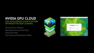 20
NVIDIA GPU CLOUD
GPU-ACCELERATED CLOUD PLATFORM
OPTIMIZED FOR DEEP LEARNING
Containerized in NVDocker
Optimization Across the Full Stack
Always Up-to-Date
Fully Tested and Maintained by NVIDIA
 