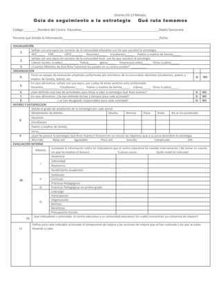 Distrito 03-17 Metalío
               Guía de seguimiento a la estrategia                                          Qué ruta tomamos

Código ________Nombre del Centro Educativo____________________________________________Depto Sonsonate

Persona que brinda la información_______________________________________________________fecha.

SOCIALIZACIÓN.
            Señale con una equis los sectores de la comunidad educativa con los que socializó la estrategia.
     1.
            ACE_____ CDE_____ CECE_______ Docentes_____ Estudiantes_____ Padres y madres de familia_____
            Señale con una equis los sectores de la comunidad local con los que socializó la estrategia.
     2.
            Líderes locales, (cuáles)__________ Policía_____ Iglesia_____ Empresas(cuáles)_____ Otras (cuáles)_____
     3.     ¿Cuántos Módulos de Qué Ruta Tomamos ha pasado en su centro escolar? __________
ORGANIZACION
            Tiene un equipo de evaluación ampliado conformado por miembros de la comunidad, docentes estudiantes, padres y
    4.                                                                                                                                  SI     NO
            madres de familia, líderes, etc.
            En caso afirmativo, señale con una equis, por cuáles de estos sectores está conformado
    5.      Docentes__________ Estudiantes_____ Padres y madres de familia_____ Líderes_____ Otras (cuáles)_____
     6.     ¿Han definido una lista de actividades para llevar a cabo la estrategia Qué Ruta toamos?                                       SI NO
     7.     En caso afirmativo: ¿Se han definido fechas y tiempos para cada actividad?                                                     SI NO
     0.                          ¿ se han designado responsables para cada actividad?                                                      SI NO
INTERES Y SATISFACCION
             Señale el grado de aceptación de la estrategia por cada sector
             Modalidades de Admón.                                       Mucho        Normal,     Poco,      Nada       No se ha socializado
             Docentes
    8
             Estudiantes
             Padres y madres de familia
             Otros_________________________
    9        ¿Qué les parece la estrategia Qué Ruta Toamos? Encierre en un círculo los objetivos que a su juicio describen la estrategia
             Aburrido.       Nada útil.       Agradable.           Poco útil.         Sencillo.           Complicado.                Útil.
EVALUACIÓN INTERNA
                            Complete la información sobre los indicadores que el centro educativo ha medido internamente ( No tomar en cuenta
                Módulo
                            los que ha medido el Asesor)                        Cuántas veces               Quién midió el indicador
                            Asistencia
                            Sobreedad
                     I
                            Repitencia
                            Rendimiento académico
                            Ambiente
                    II      Currículo
    10
                            Prácticas Pedagógicas
                   III      Prácticas Pedagógicas en primer grado
                            Liderazgo
                            Participación
                            Organización
                   IV
                            Normas
                            Beneficios
                            Presupuesto Escolar
               Qué indicadores a priorizado el centro educativo y su comunidad educativa? En cuáles concentran sus esfuerzos de mejora?
         11
              Defina para cada indicador priorizado el compromiso de mejora y las acciones de mejora que se han realizado y las que se están
    12        llevando a cabo.
 