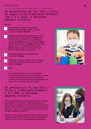 Si preinscrius el teu fill o filla
al segon cicle d’educació infantil
(de 3 a 6 anys)
, s’apliquen
aquests criteris:
Si té germanes o germans que ja estan
escolaritzats en el mateix centre, o la mare
o el pare hi treballa: 40 punts.
Segons la proximitat del domicili habitual o del
lloc de treball al centre educatiu: 30 punts, si el
domicili habitual està dins la zona d’influència
del centre; 20 punts, si la mare o el pare treballa
dins l’àrea d’influència; 15 punts, si és del mateix
districte, però no de l’àrea d’influència, o 10
punts, si és del mateix municipi, però fora de
l’àrea d’influència del centre educatiu.
Si la família percep la renda garantida de
ciutadania: 10 punts.
Si l’alumne o alumna, el pare o mare, o el germà
o germana té una discapacitat igual o superior
al 33 %: 10 punts.
Total
Si preinscrius el teu fill o
filla a l’educació primària
o a l’ESO, s’apliquen
aquests criteris:
Si hi ha més sol·licituds que places, també s’han d’ordenar
les sol·licituds. En primer lloc, té prioritat l’alumnat que
prové d’una escola adscrita. També té prioritat l’alumnat que
estudia l’ESO i simultàniament ensenyaments professionals
de música o dansa, o és esportista d’alt nivell, però només
en alguns centres de referència.
Després, les sol·licituds s’ordenen amb els mateixos criteris
que per al segon cicle de l’educació infantil. Consulta més
detalls sobre els criteris al web preinscripcio.gencat.cat.
Pren nota:
En cas d’empatar en punts, es té en compte
si la família és nombrosa o monoparental. I si encara
continua l’empat, les sol·licituds s’ordenen pel
número que prèviament se’ls ha donat aleatòriament,
a partir d’un número obtingut per sorteig.
05
#ElFuturEtsTu
 