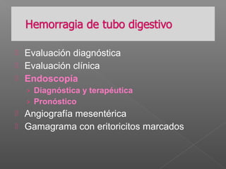  Evaluación diagnóstica
 Evaluación clínica
 Endoscopía
› Diagnóstica y terapéutica
› Pronóstico
 Angiografía mesentérica
 Gamagrama con eritoricitos marcados
 