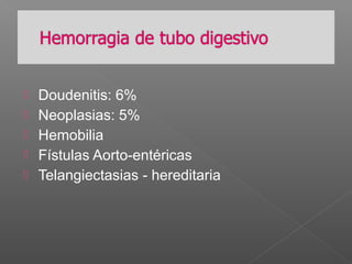 Doudenitis: 6%
 Neoplasias: 5%
 Hemobilia
 Fístulas Aorto-entéricas
 Telangiectasias - hereditaria
 
