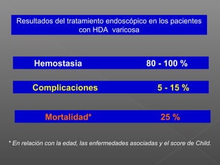 Hemostasia 80 - 100 %
Complicaciones 5 - 15 %
Mortalidad* 25 %
Resultados del tratamiento endoscópico en los pacientes
con HDA varicosa
* En relación con la edad, las enfermedades asociadas y el score de Child.
 