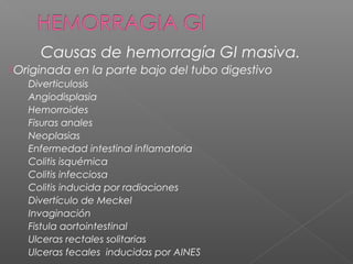 Causas de hemorragía GI masiva.
Originada en la parte bajo del tubo digestivo
Diverticulosis
Angiodisplasia
Hemorroides
Fisuras anales
Neoplasias
Enfermedad intestinal inflamatoria
Colitis isquémica
Colitis infecciosa
Colitis inducida por radiaciones
Divertículo de Meckel
Invaginación
Fistula aortointestinal
Ulceras rectales solitarias
Ulceras fecales inducidas por AINES
 