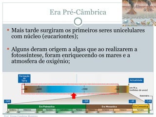 Era Pré-Câmbrica Mais tarde surgiram os primeiros seres unicelulares com núcleo (eucariontes); Alguns deram origem a algas que ao realizarem a fotossíntese, foram enriquecendo os mares e a atmosfera de oxigénio; Prof. Teresa Condeixa Monteiro 