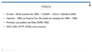 • E-mail – 29 de outubro de 1969 – "LOGIN" – UCLA > Stanford (SRI)
• Internet – 1960 na Guerra Fria. No brasil em meados de 1990 – 1995
• Primeiro uso público da Web CERN 1992
• W3C (URI, HTTP, HTML) (w3c.br/sobre)
 