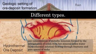 any concentration of metallic minerals formed by the
precipitation of solids from hot mineral-laden water
(hydrothermal solution) flowing through fractures and
pore spaces of rocks
 
