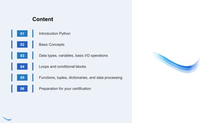 Content
Introduction Python
01
Basic Concepts
02
Data types, variables, basic I/O operations
03
Loops and conditional blocks
04
Functions, tuples, dictionaries, and data processing
05
Preparation for your certification
06
 
