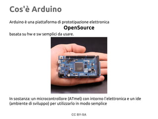 Cos'è Arduino
Arduino è una piattaforma di prototipazione elettronica
OpenSource
basata su hw e sw semplici da usare.
In sostanza: un microcontrollore (ATmel) con intorno l'elettronica e un ide
(ambiente di sviluppo) per utilizzarlo in modo semplice
CC BY-SA
 