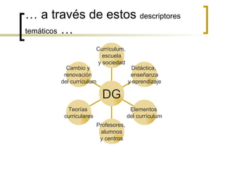 …  a través de estos  descriptores temáticos  … Cambio y  renovación  del currículum Teorías  curriculares Profesores,  alumnos y centros Elementos  del currículum Didáctica,  enseñanza y aprendizaje Currículum,  escuela y sociedad DG 