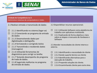 Unidade de Competência no 2:
Administrar sistemas de computadores e redes.

2.1 Realizar entrada e transmissão de dados

2.2 Disponibilizar recursos operacionais

 2.1.1 Identificando no sistema (logar-se)
 2.1.2 Conectando ao programa de entrada
de dados
 2.1.3 Desenvolvendo dados por
digitalização e datilografia.
 2.1.4 formatando e corrigindo textos
 2.1.5 Transmitindo e recebendo dados
(mensagens)
 2.1.6 Utilizando ferramentas de
diagnósticos para corrigir as tarefas
 2.1.7 Testando desempenho do programa
de trada de dados.
 2.1.8 Sugerindo melhorias no programa
de entrada de dados.

 2.2.1 Utilizando Software como plataforma de
trabalho com aplicativos multitarefa
 2.2.2 Explicando de forma objetiva e clara
sobre as etapas e manuseio de Hardware e
Software
2.3 Atender necessidades do cliente interno e
externo.
 2.3.1 Identificando a necessidade do cliente
 2.3.2 Dando suporte técnico ao cliente
 2.3.4 Identificando alternativas para a
execução do trabalho.
9
 2.3.5 Propondo soluções do cliente.
 2.3.6 Encaminhando cliente para outra área.

 