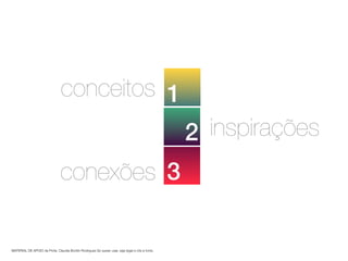 1conceitos
2 inspirações
3conexões
MATERIAL DE APOIO da Profa. Claudia Bordin Rodrigues Se quiser usar, seja legal e cite a fonte.
 