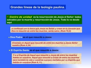 Grandes líneas de la teología paulina. si confiesas con tu boca que Jesús es Señor y crees en tu corazón que Dios le resucitó de entre los muertos, serás salvo.  (Rom 10,9)  ▬   Centro de unidad  es la resurrección de Jesús el Señor: todos salvados por la muerte y  resurrección  de Jesús. Todo lo ve desde aquí  Creemos en Aquel que resucitó de entre los muertos a Jesús Señor nuestro  (Rom 4,24)  ●   Dios Padre  es el que resucitó a Jesús : ●   El Espíritu Santo  es el que resucitó a Jesús: Y si el Espíritu de Aquel que resucitó a Jesús de entre los muertos habita en vosotros, Aquel que resucitó a Cristo de entre los muertos dará también la vida a vuestros cuerpos mortales por su Espíritu que habita en vosotros  (Rom 8,11).  