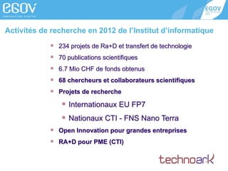 Activités de recherche en 2012 de l’Institut d’informatique
 234 projets de Ra+D et transfert de technologie
 70 publications scientifiques

 6.7 Mio CHF de fonds obtenus
 68 chercheurs et collaborateurs scientifiques
 Projets de recherche

 Internationaux EU FP7
 Nationaux CTI - FNS Nano Terra
 Open Innovation pour grandes entreprises
 RA+D pour PME (CTI)

 