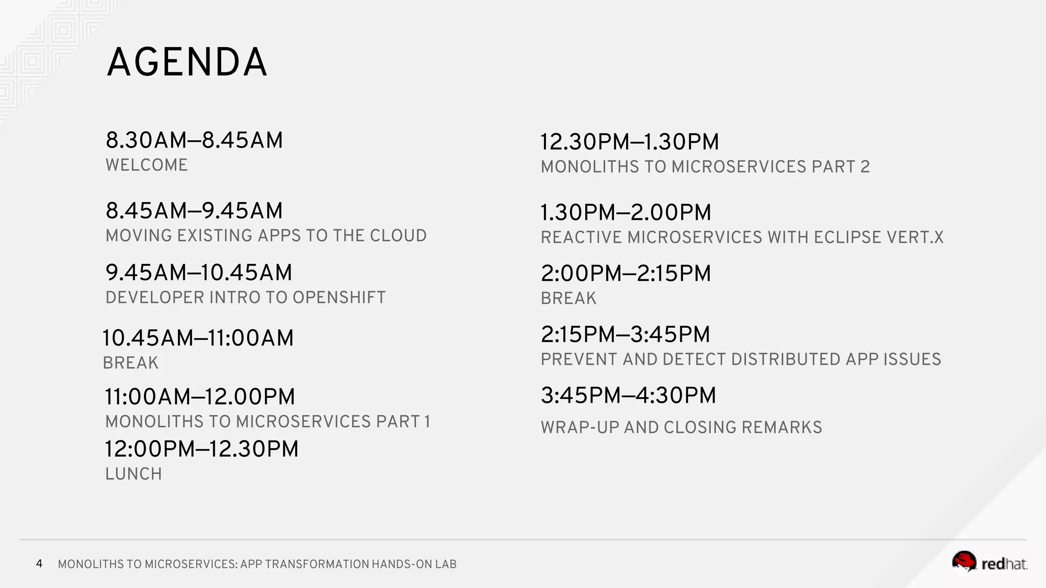 MONOLITHS TO MICROSERVICES: APP TRANSFORMATION HANDS-ON LAB4
8.30AM—8.45AM
WELCOME
10.45AM—11:00AM
BREAK
8.45AM—9.45AM
MOVING EXISTING APPS TO THE CLOUD
11:00AM—12.00PM
MONOLITHS TO MICROSERVICES PART 1
9.45AM—10.45AM
DEVELOPER INTRO TO OPENSHIFT
12.30PM—1.30PM
MONOLITHS TO MICROSERVICES PART 2
1.30PM—2.00PM
REACTIVE MICROSERVICES WITH ECLIPSE VERT.X
AGENDA
2:00PM—2:15PM
BREAK
2:15PM—3:45PM
PREVENT AND DETECT DISTRIBUTED APP ISSUES
3:45PM—4:30PM
WRAP-UP AND CLOSING REMARKS
12:00PM—12.30PM
LUNCH
 