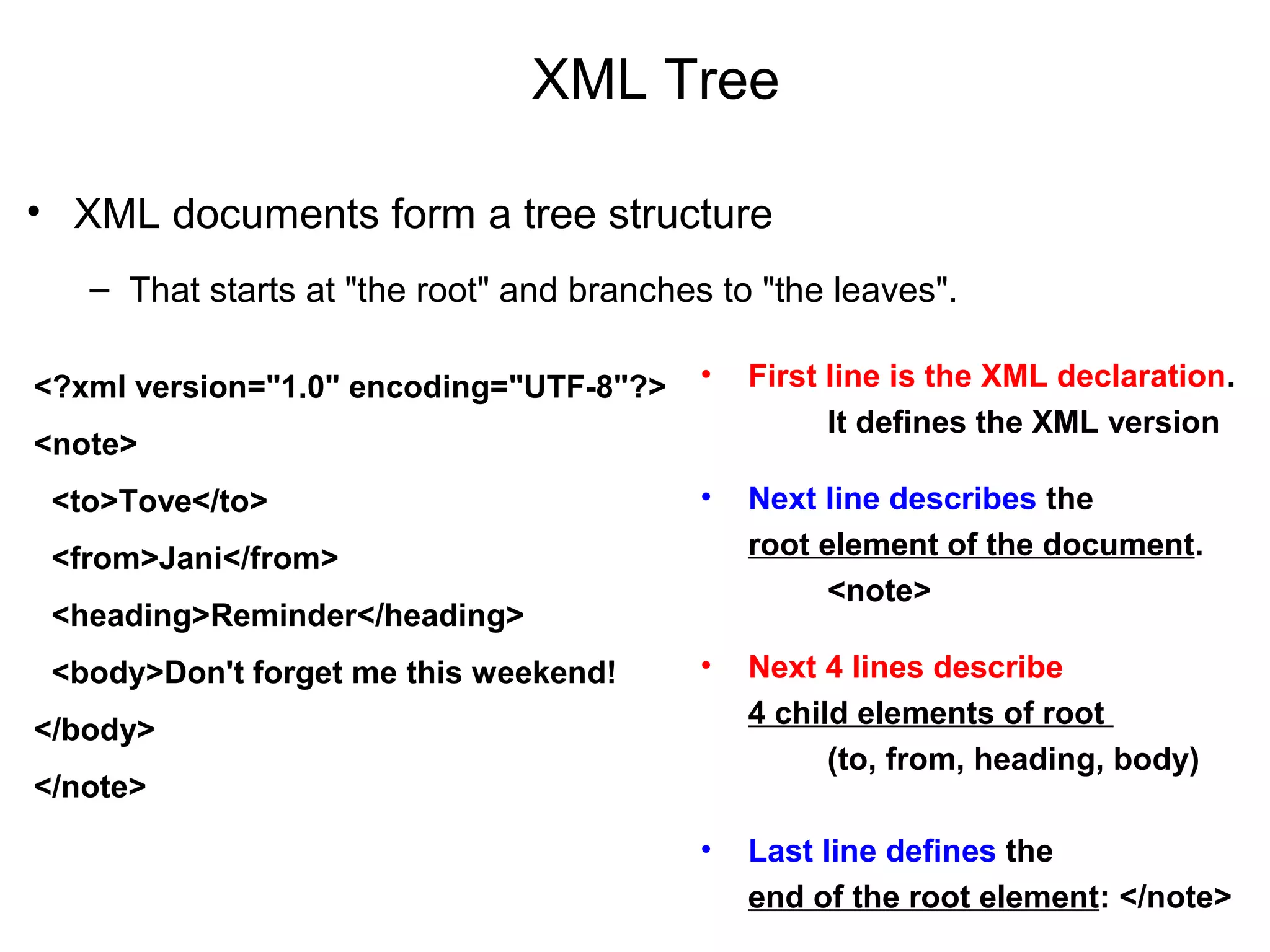 XML Tree
• XML documents form a tree structure
– That starts at "the root" and branches to "the leaves".
<?xml version="1.0" encoding="UTF-8"?>
<note>
  <to>Tove</to>
  <from>Jani</from>
  <heading>Reminder</heading>
  <body>Don't forget me this weekend!
</body>
</note>
• First line is the XML declaration. 
      It defines the XML version 
• Next line describes the 
root element of the document. 
      <note>
• Next 4 lines describe 
4 child elements of root 
(to, from, heading, body)
• Last line defines the 
end of the root element: </note>
 