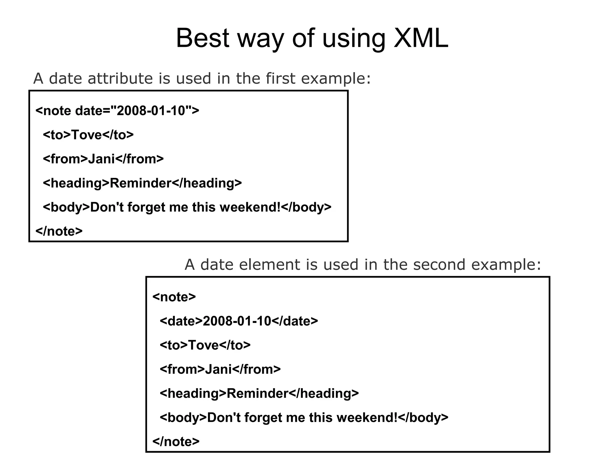 Best way of using XML
<note date="2008-01-10">
  <to>Tove</to>
  <from>Jani</from>
  <heading>Reminder</heading>
  <body>Don't forget me this weekend!</body>
</note>
A date attribute is used in the first example:
<note>
  <date>2008-01-10</date>
  <to>Tove</to>
  <from>Jani</from>
  <heading>Reminder</heading>
  <body>Don't forget me this weekend!</body>
</note>
A date element is used in the second example:
 