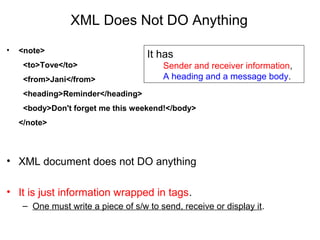 XML Does Not DO Anything
• <note>
  <to>Tove</to>
  <from>Jani</from>
  <heading>Reminder</heading>
  <body>Don't forget me this weekend!</body>
</note>
• XML document does not DO anything
• It is just information wrapped in tags.
– One must write a piece of s/w to send, receive or display it.
It has
Sender and receiver information,
A heading and a message body.
 