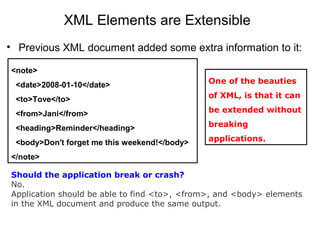 XML Elements are Extensible
• Previous XML document added some extra information to it:
<note>
  <date>2008-01-10</date>
  <to>Tove</to>
  <from>Jani</from>
  <heading>Reminder</heading>
  <body>Don't forget me this weekend!</body>
</note>
Should the application break or crash?
No. 
Application should be able to find <to>, <from>, and <body> elements 
in the XML document and produce the same output.
One of the beauties
of XML, is that it can
be extended without
breaking
applications.
 