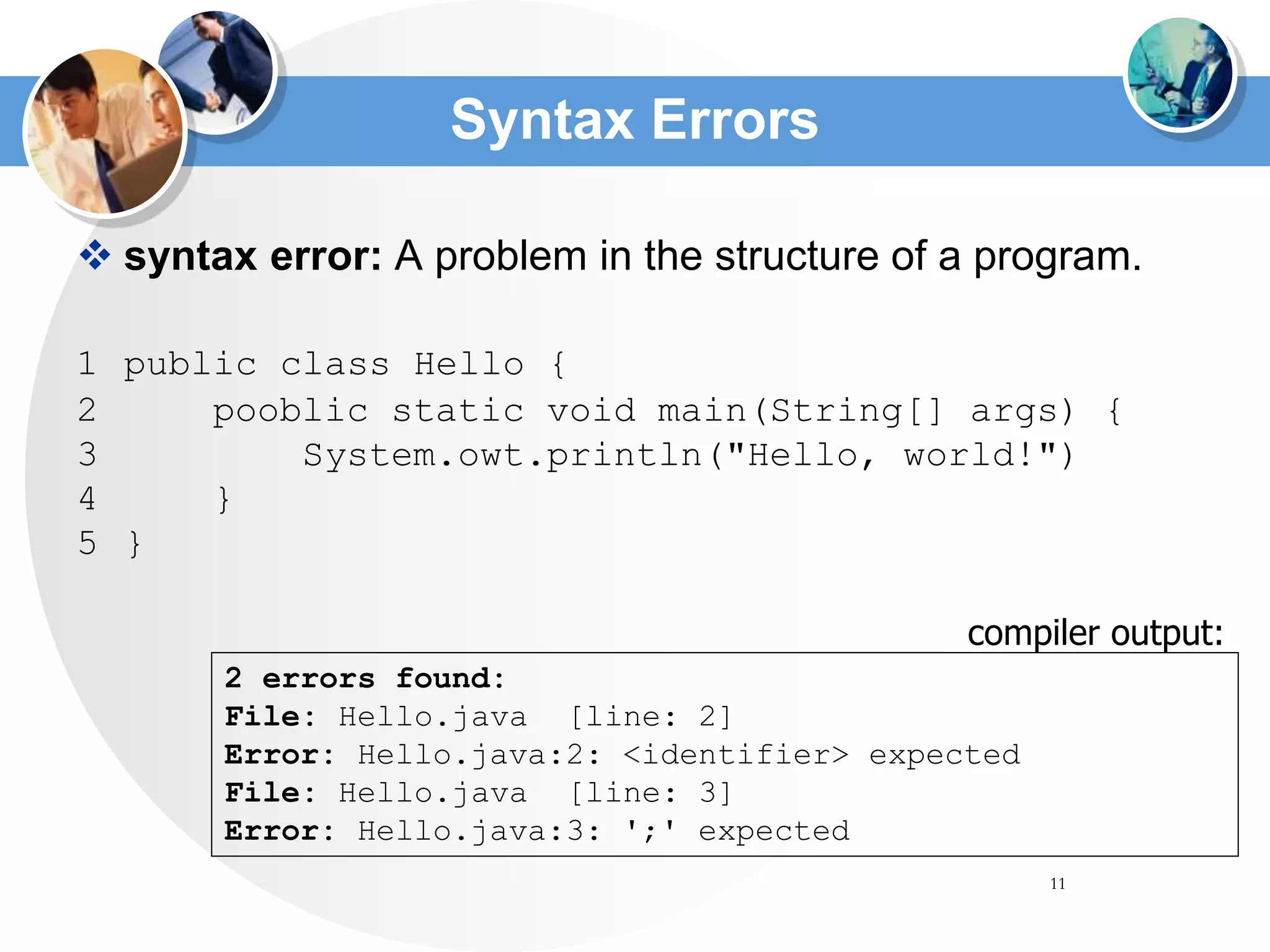 11
Syntax Errors
 syntax error: A problem in the structure of a program.
1 public class Hello {
2 pooblic static void main(String[] args) {
3 System.owt.println("Hello, world!")
4 }
5 }
2 errors found:
File: Hello.java [line: 2]
Error: Hello.java:2: <identifier> expected
File: Hello.java [line: 3]
Error: Hello.java:3: ';' expected
compiler output:
 